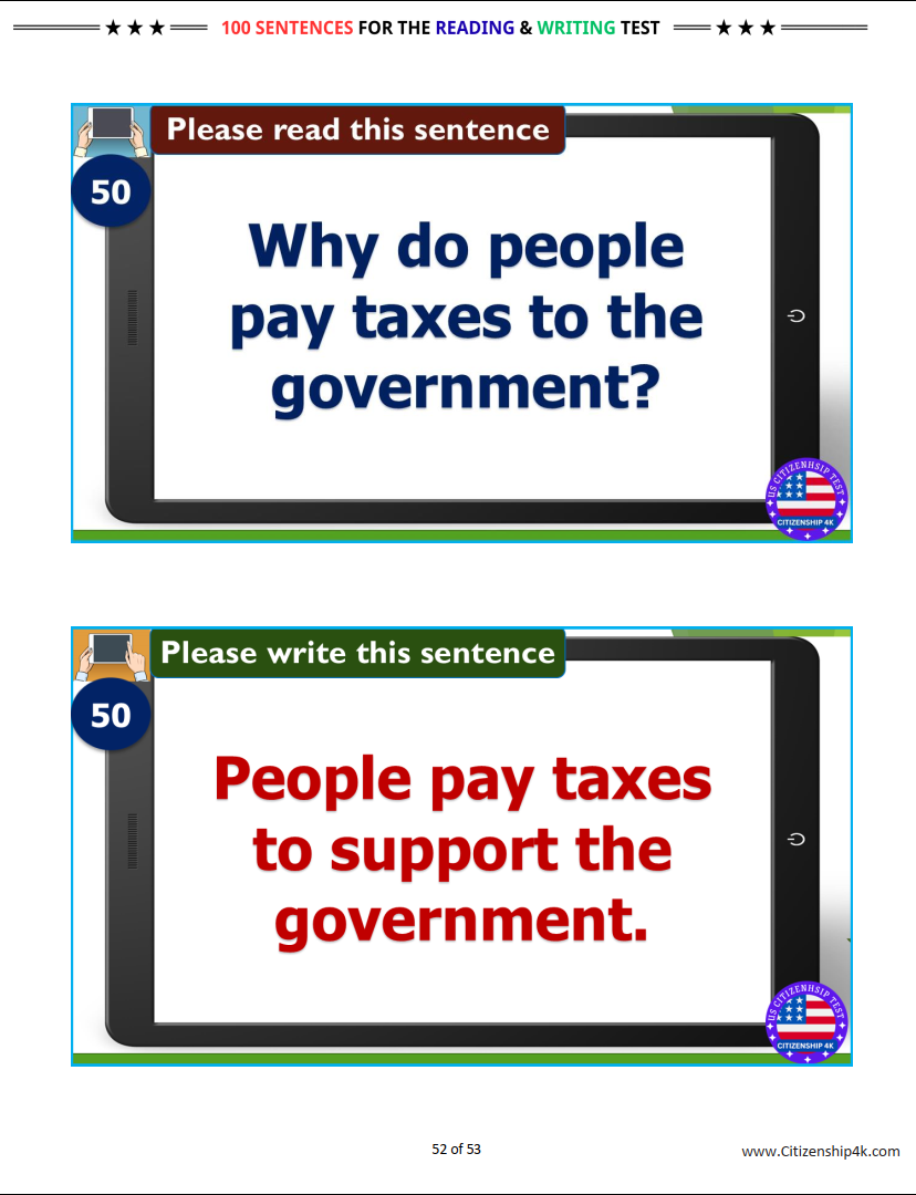 100 Sentences for the Reading and Writing Test for US Citizenship Interview 2026 (Easy Practice)