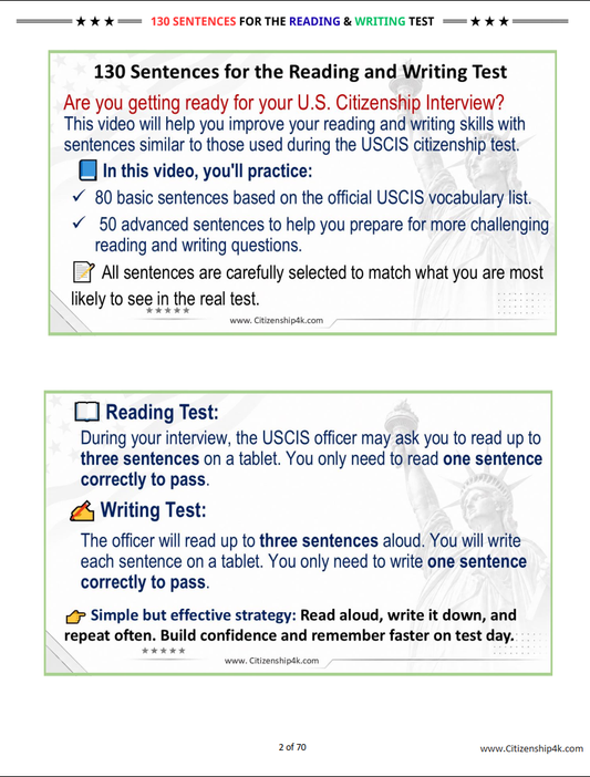 80 basic+50 advanced sentences for English reading and English writing test - US Citizenship 2026