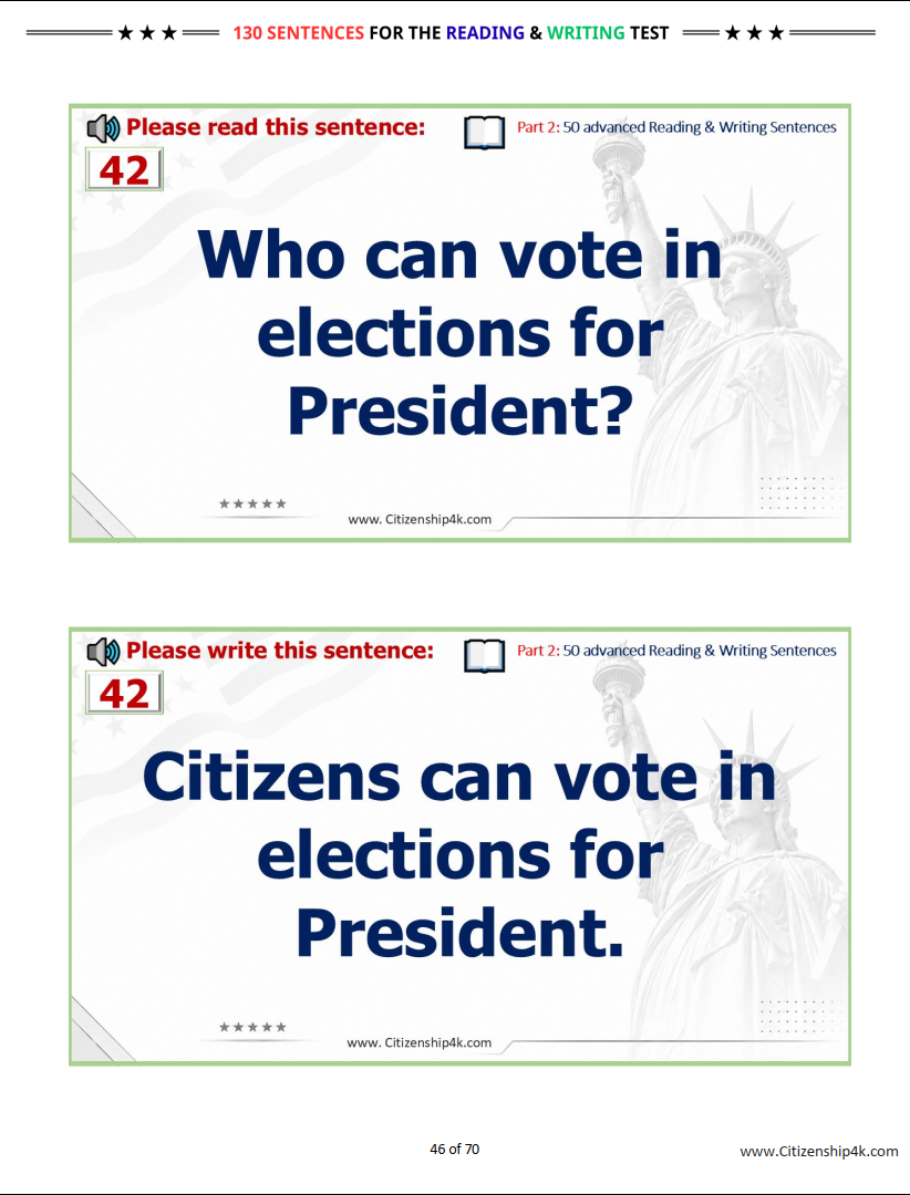 80 basic+50 advanced sentences for English reading and English writing test - US Citizenship 2026