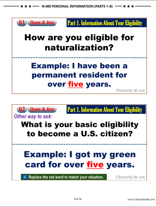 N400 - Personal Information Questions and Answers for U.S. Citizenship Interview (Parts 1-8)