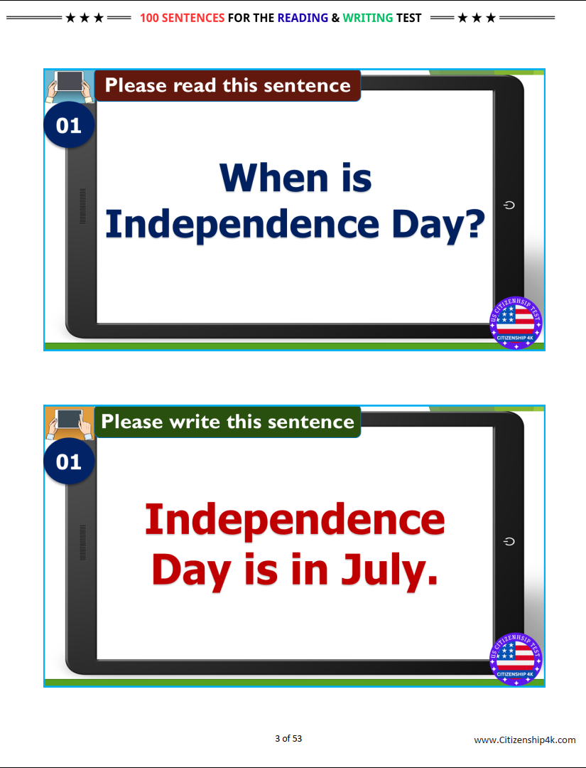Sentence On Us 100 Sentences for the Reading and Writing Test for US Citizenship Inte ...