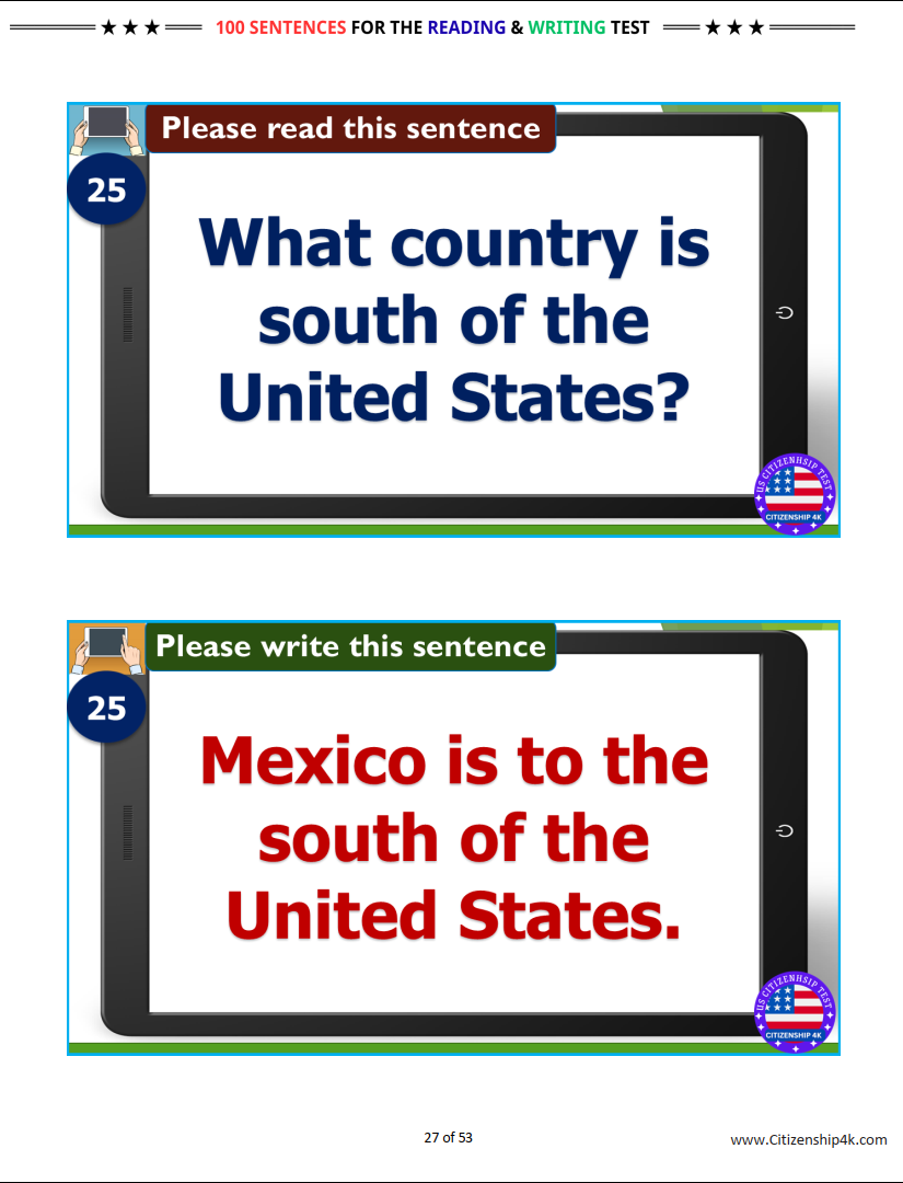100 Sentences for the Reading and Writing Test for US Citizenship Interview 2026 (Easy Practice)