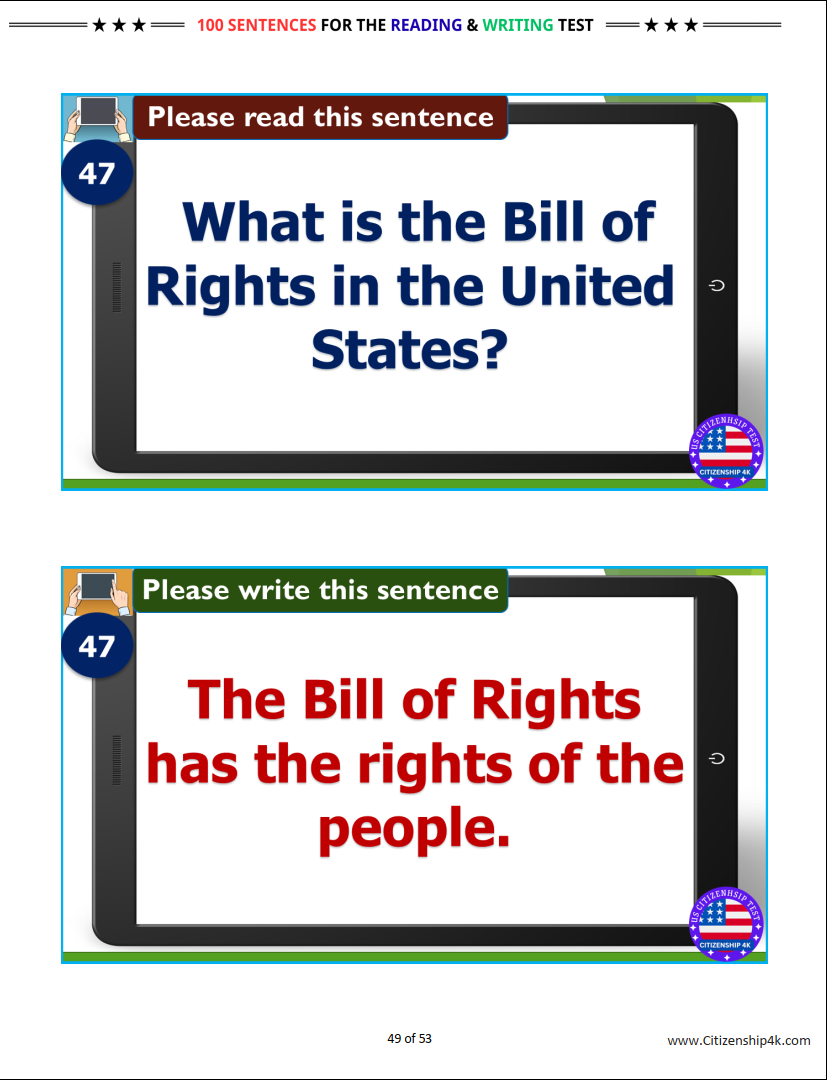 100 Sentences for the Reading and Writing Test for US Citizenship Interview 2026 (Easy Practice)