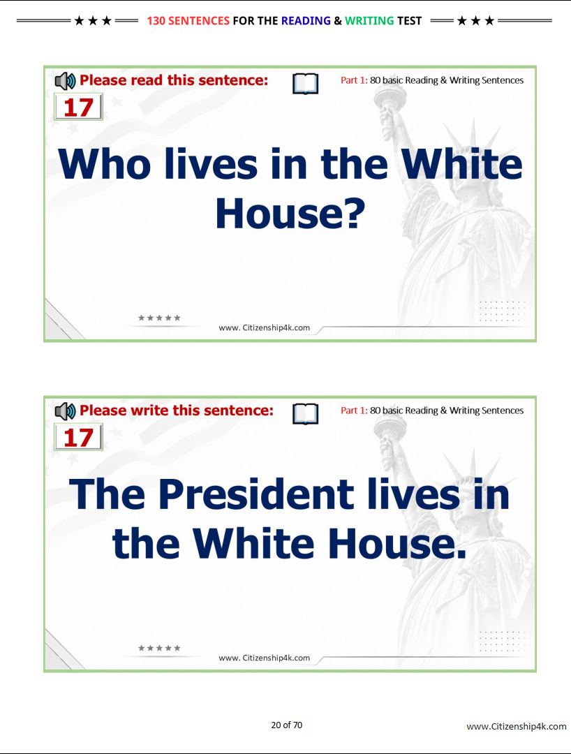 80 basic+50 advanced sentences for English reading and English writing test - US Citizenship 2026