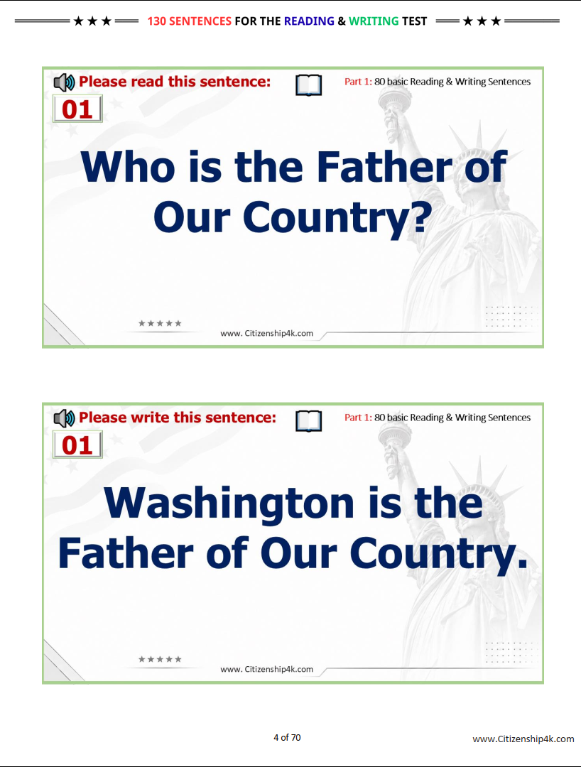 80 basic+50 advanced sentences for English reading and English writing test - US Citizenship 2026