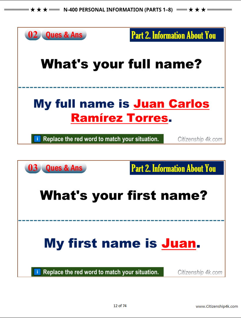 N400 - Personal Information Questions and Answers for U.S. Citizenship Interview (Parts 1-8)
