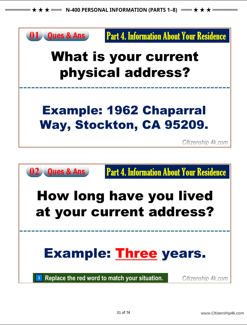 N400 - Personal Information Questions and Answers for U.S. Citizenship Interview (Parts 1-8)