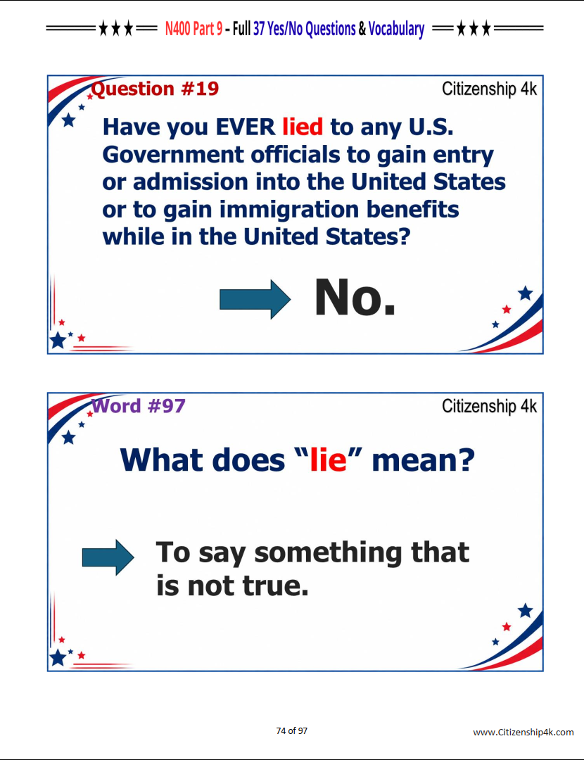 N400 Part 9 Practice – 37 Yes/No Questions & Full Vocabulary for U.S. Citizenship Interview