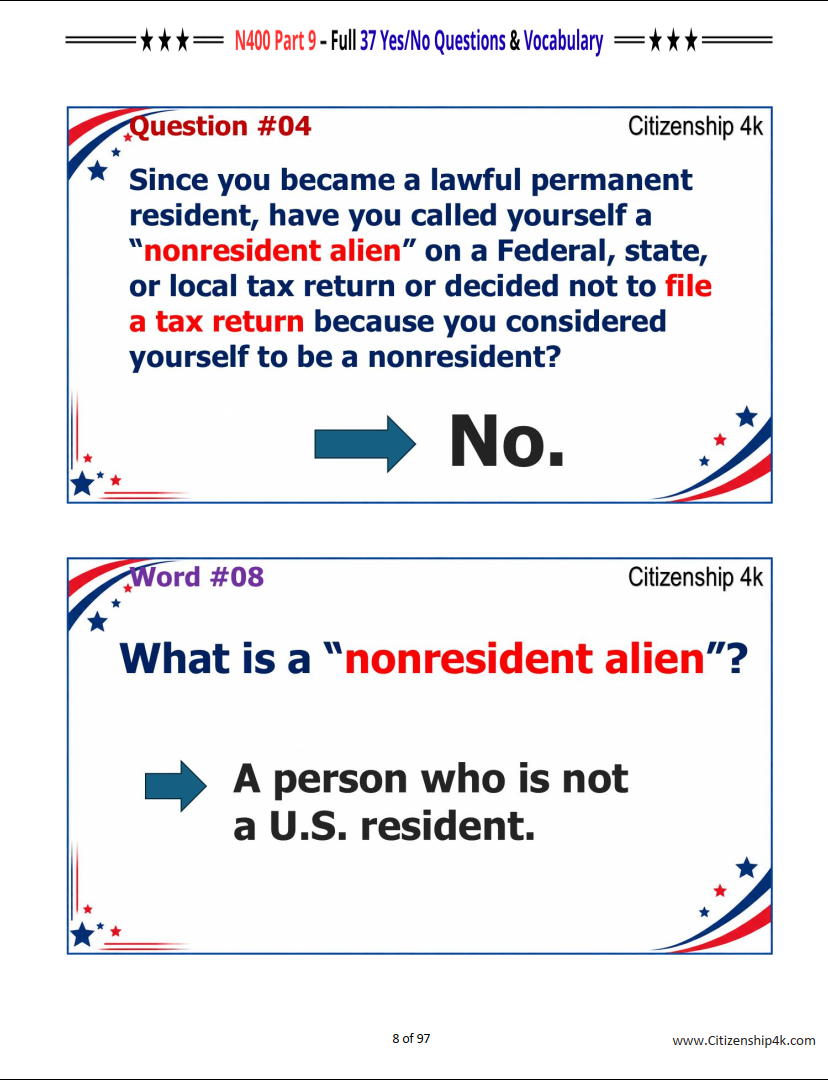 N400 Part 9 Practice – 37 Yes/No Questions & Full Vocabulary for U.S. Citizenship Interview