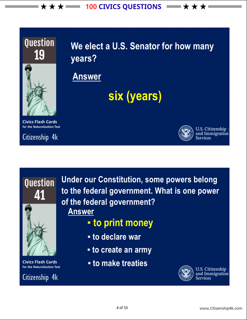 100 Civics Questions for US Citizenship Interview 2026 (random, full answers)